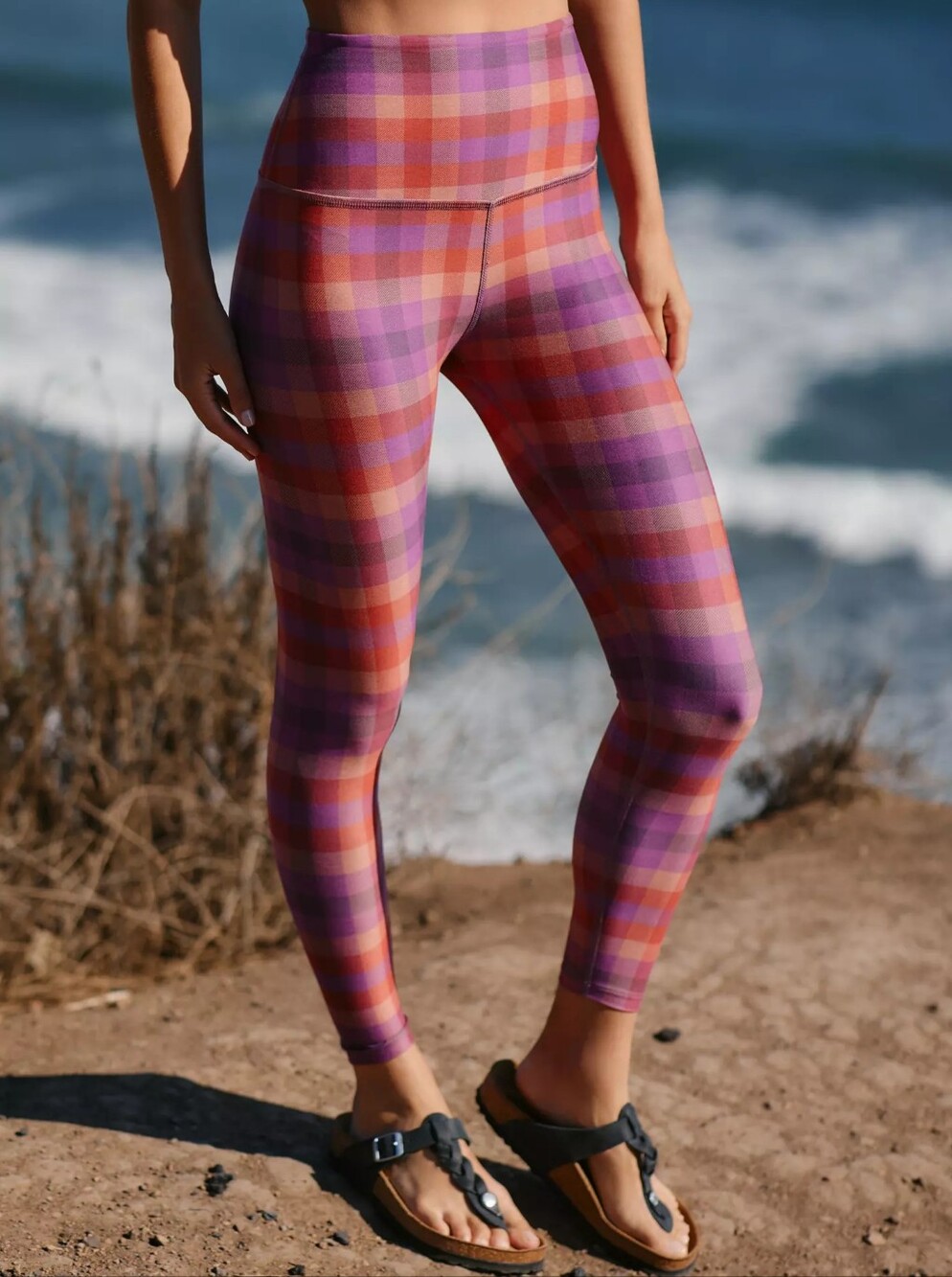 Beyond Yoga Caught in the Midi Plaid High Waisted Leggings Purple Orange Small